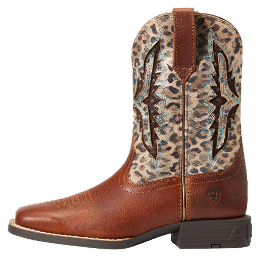 10040258 Ariat Youth Koel Venttek Square Toe Western Boot - Spiced Cider / Metallic Leopard