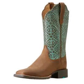 10046882 Ariat Women's Round Up Wide Square Toe Western Boot Old Earth/Turquoise