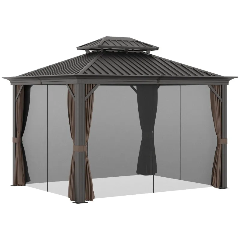 12' x 10' Outdoor Hardtop Gazebo with Netting Sidewalls - Brown