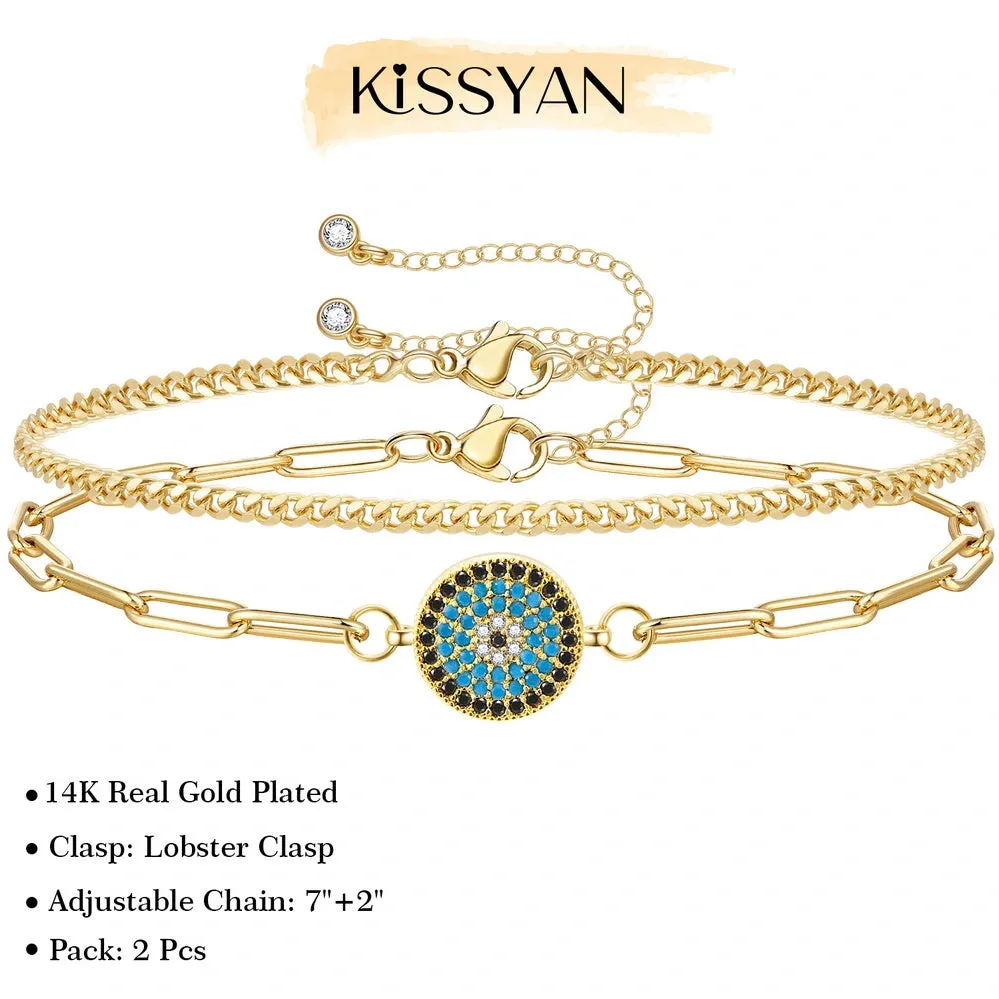 14k Gold Plated Dainty Layered Evil Eye Bracelets- Round eye & Cuban