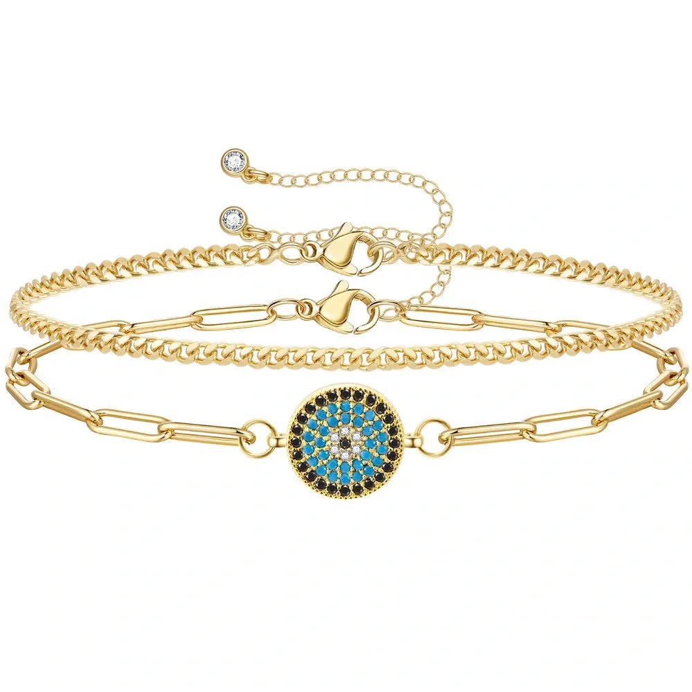 14k Gold Plated Dainty Layered Evil Eye Bracelets- Round eye & Cuban