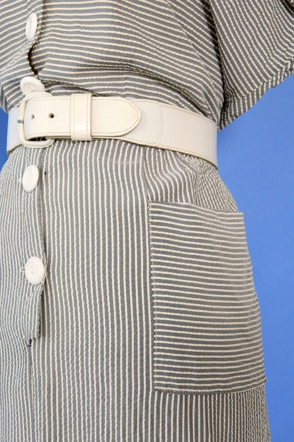 1940s Striped Seersucker Day Dress L/XL