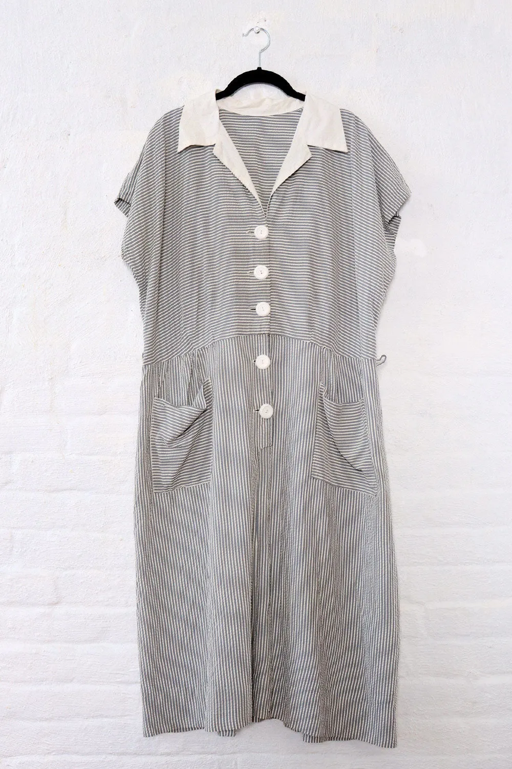 1940s Striped Seersucker Day Dress L/XL