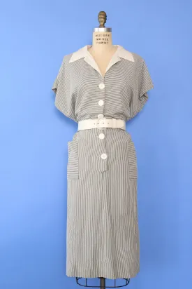 1940s Striped Seersucker Day Dress L/XL