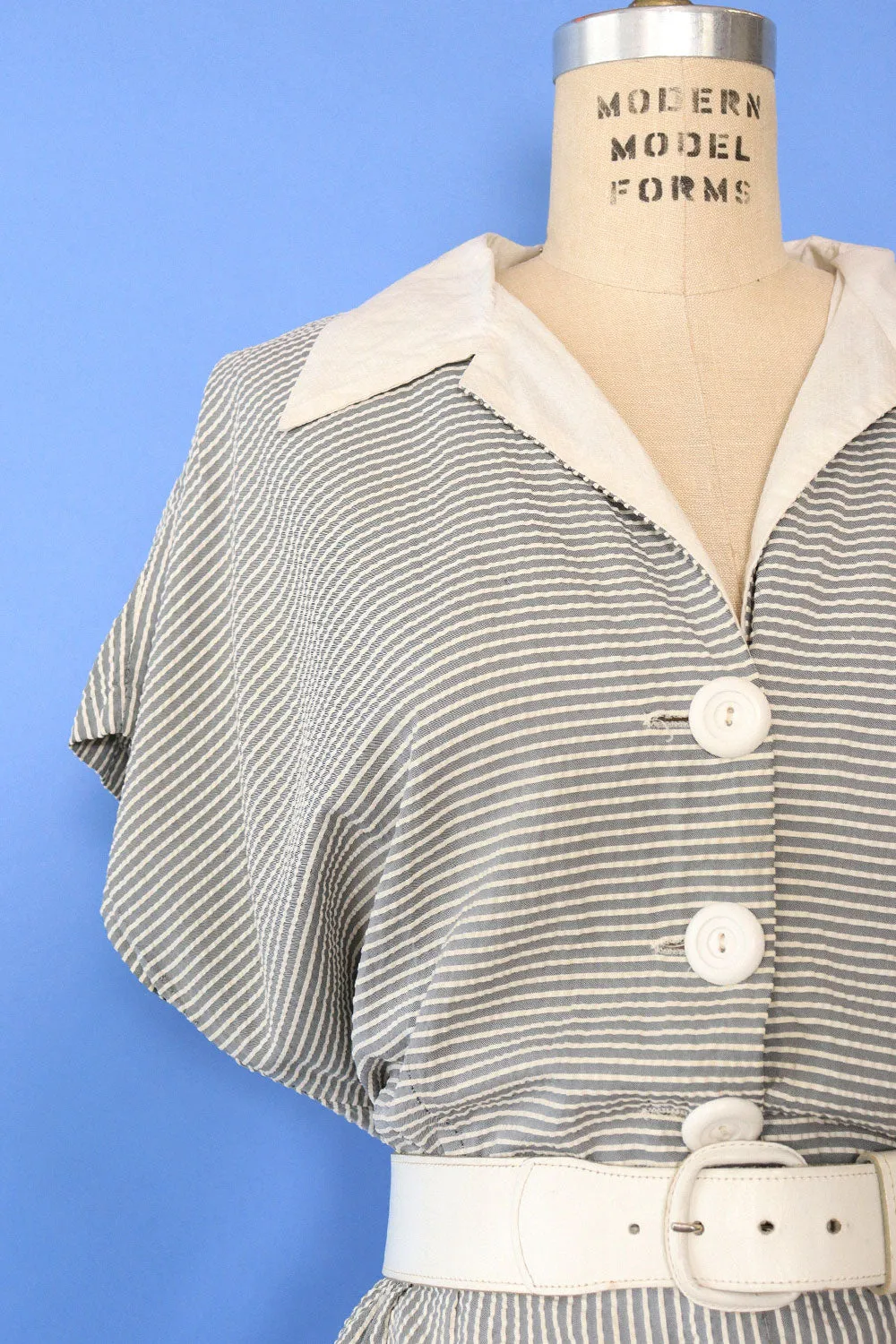 1940s Striped Seersucker Day Dress L/XL