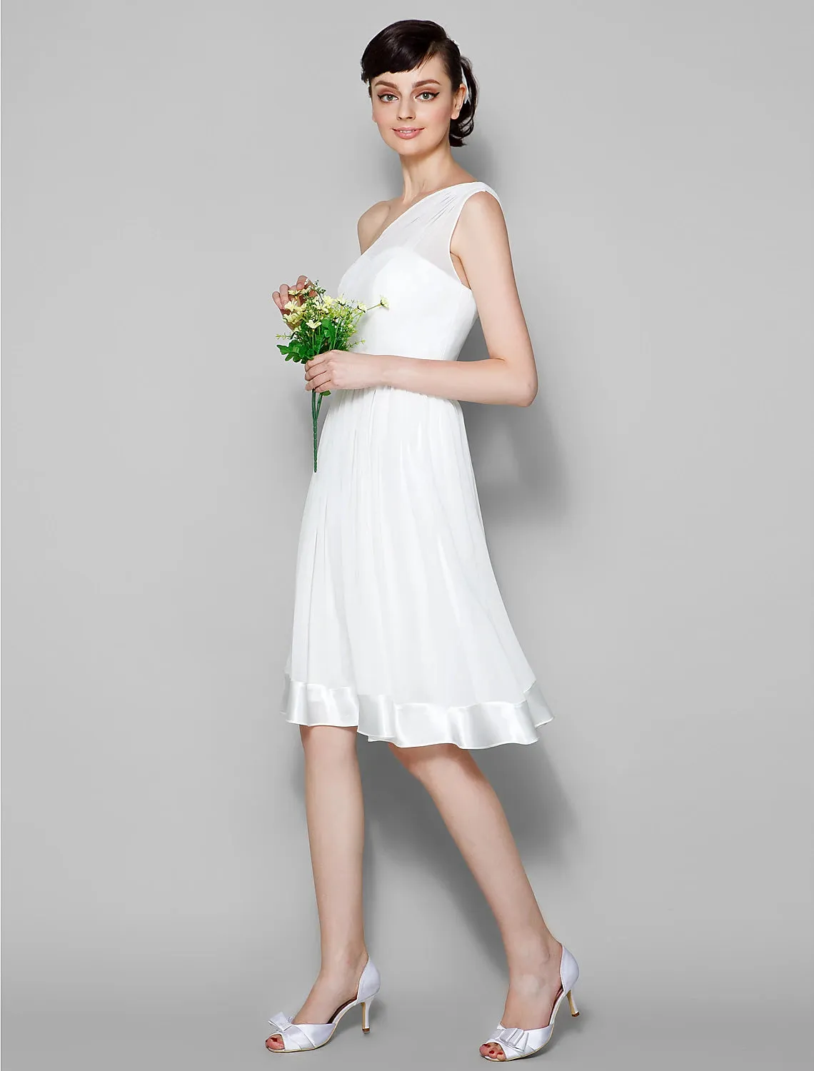 A-Line One Shoulder Knee Length Georgette Bridesmaid Dress with Sash / Ribbon