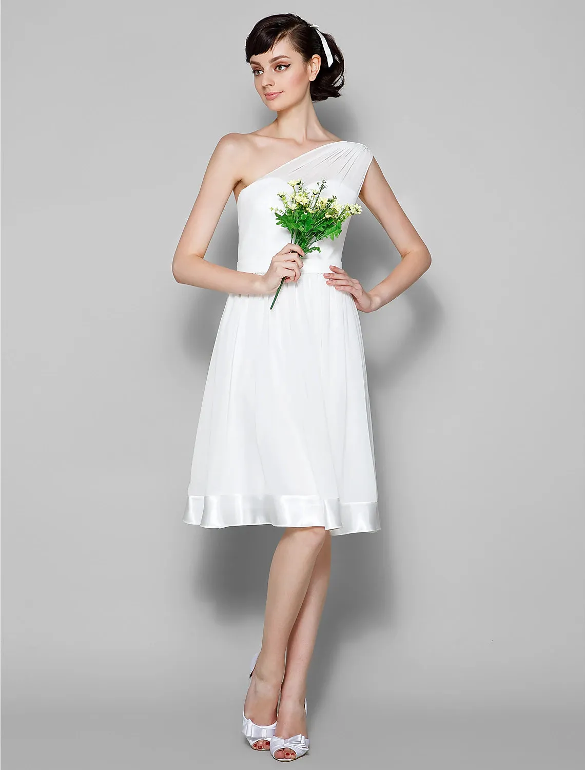 A-Line One Shoulder Knee Length Georgette Bridesmaid Dress with Sash / Ribbon