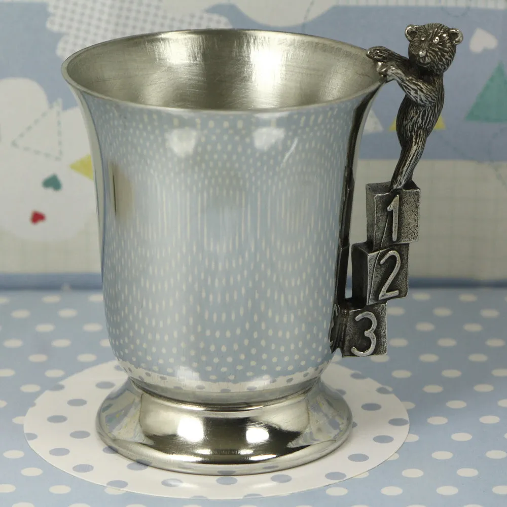 ABC 123 Teddy Bear Handle Pewter Christening Childs Cup