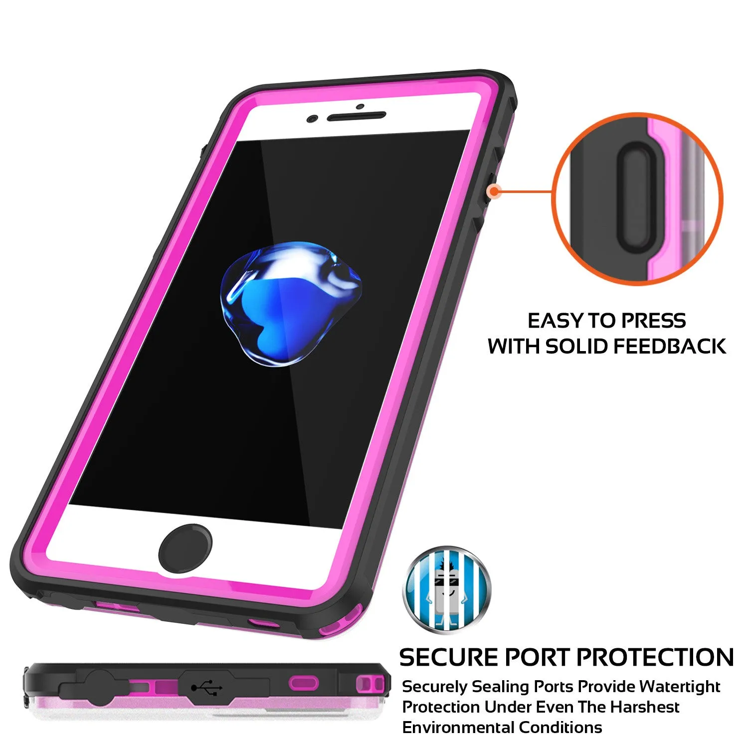 Apple iPhone 7 Waterproof Case, PUNKcase CRYSTAL Pink W/ Attached Screen Protector  | Warranty