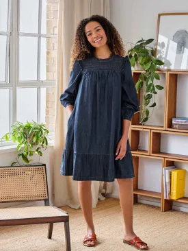 Asterope Organic Cotton Chambray Smock Dress - Dark Indigo Blue