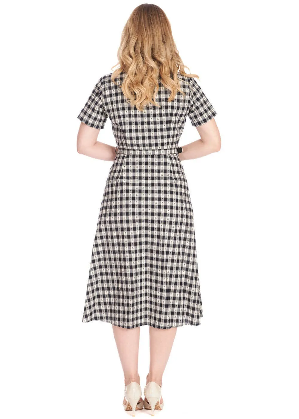 Banned Cherry Check 40's Flare Dress Navy