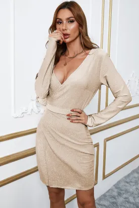 Beige Wrap V Neck Metallic Mini Dress