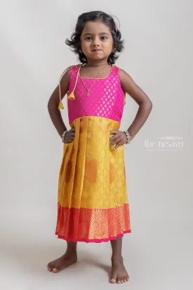 Bright Yellow With Pink Semi-Kanchipuram Silk Tie-Up Frock For Baby Girls