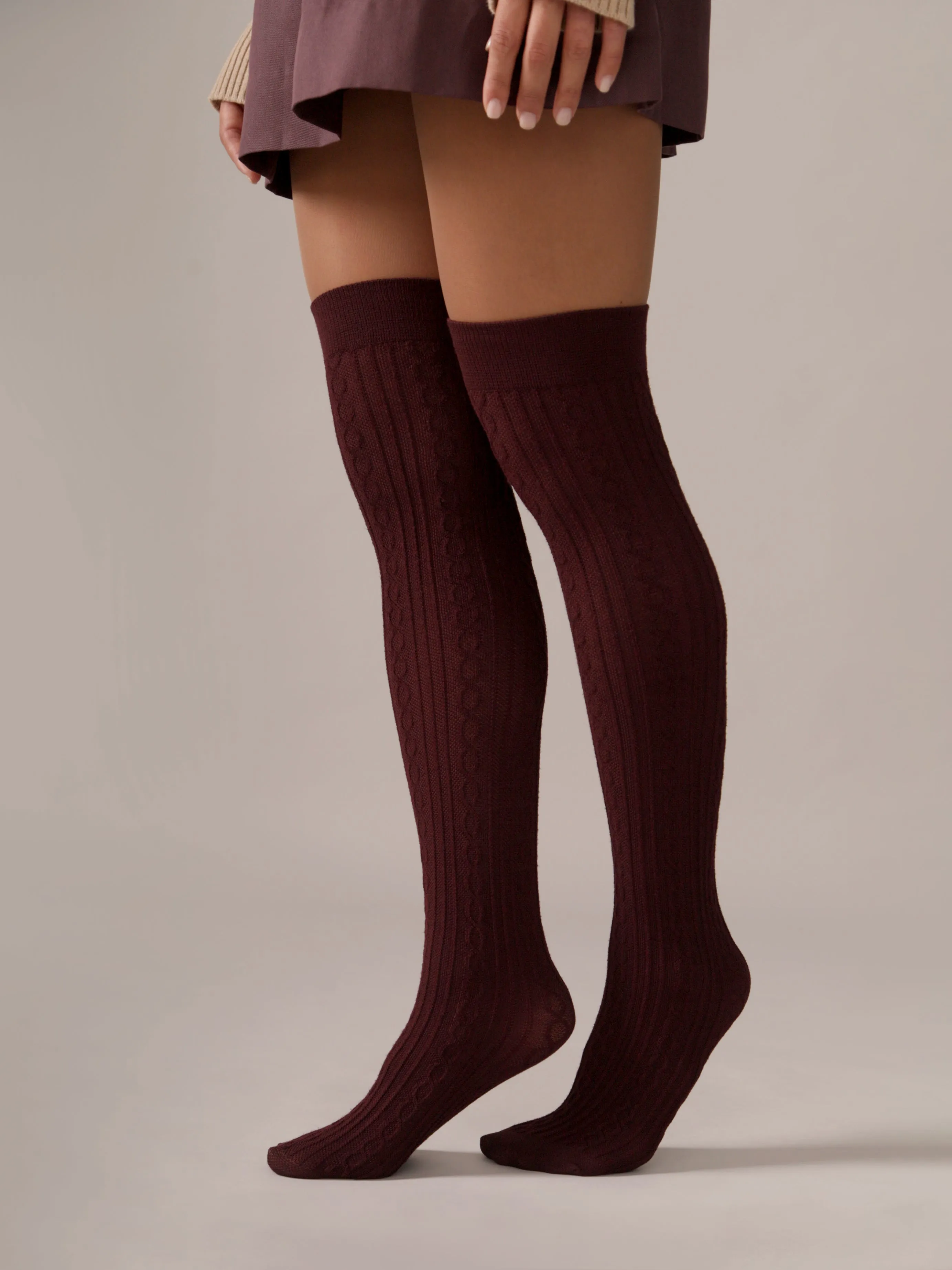 Burgundy Cable Knit OTK socks