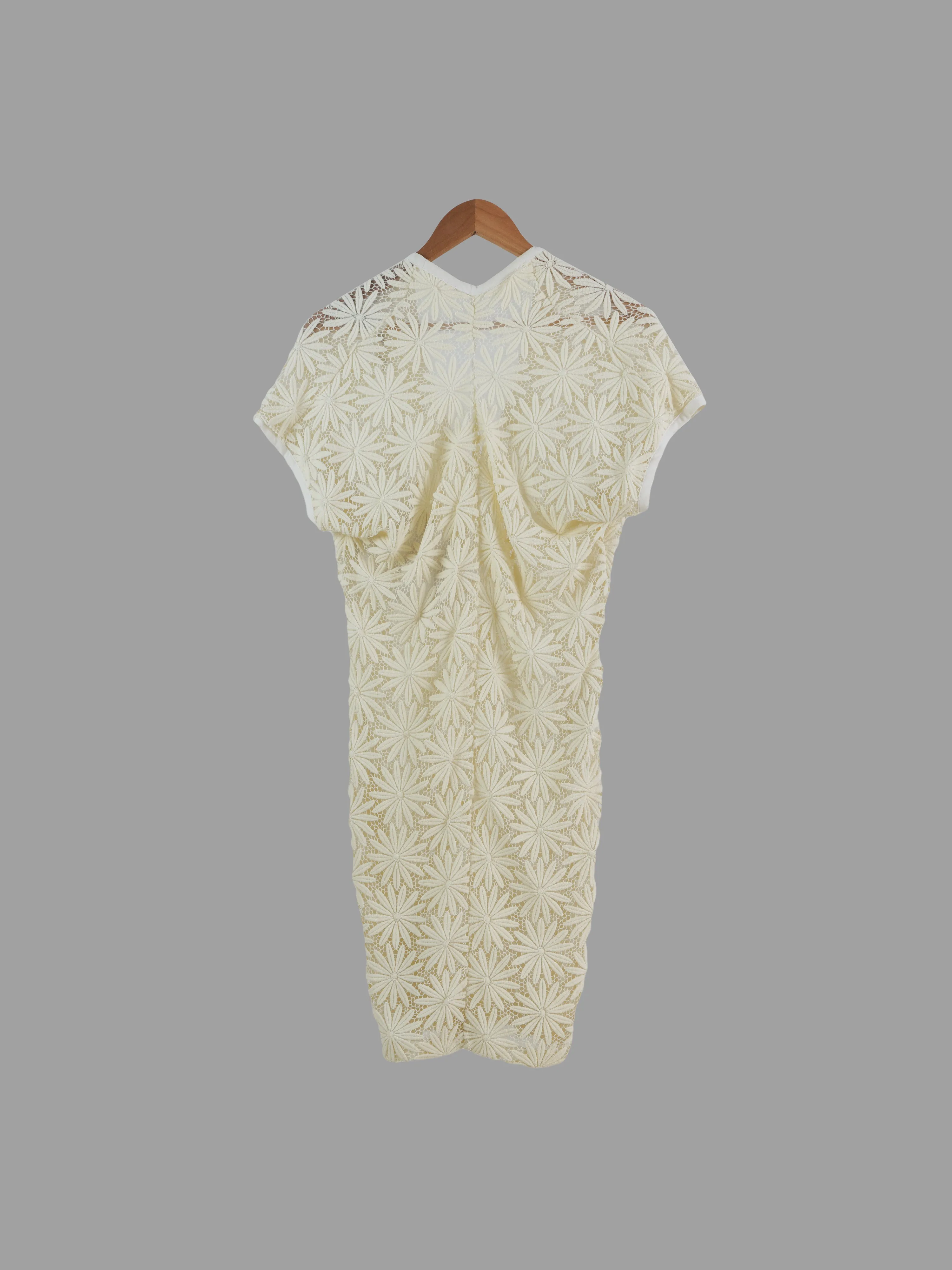 Comme des Garcons spring 1991 cream sheer floral lace nylon low v neck dress - S