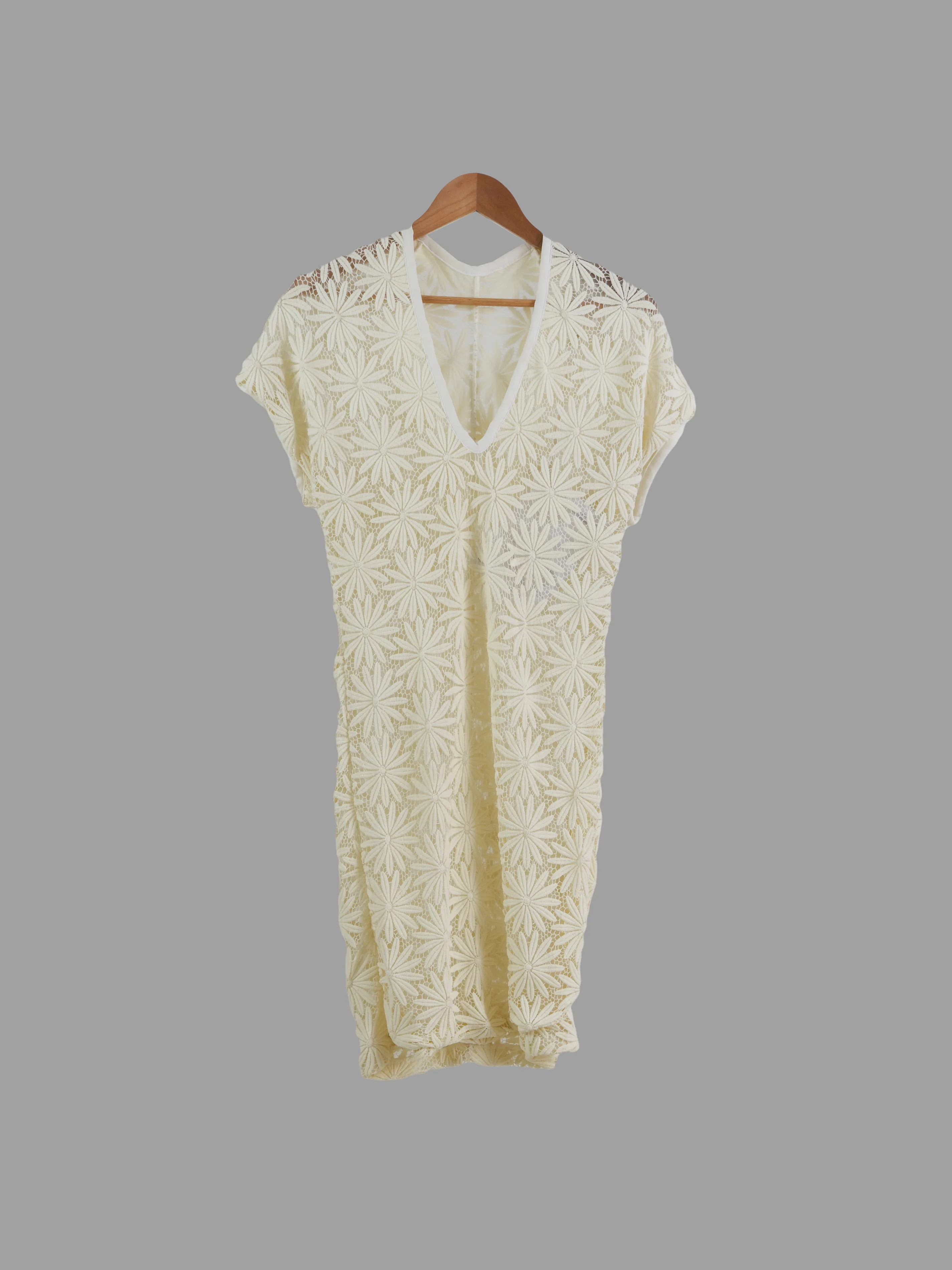 Comme des Garcons spring 1991 cream sheer floral lace nylon low v neck dress - S