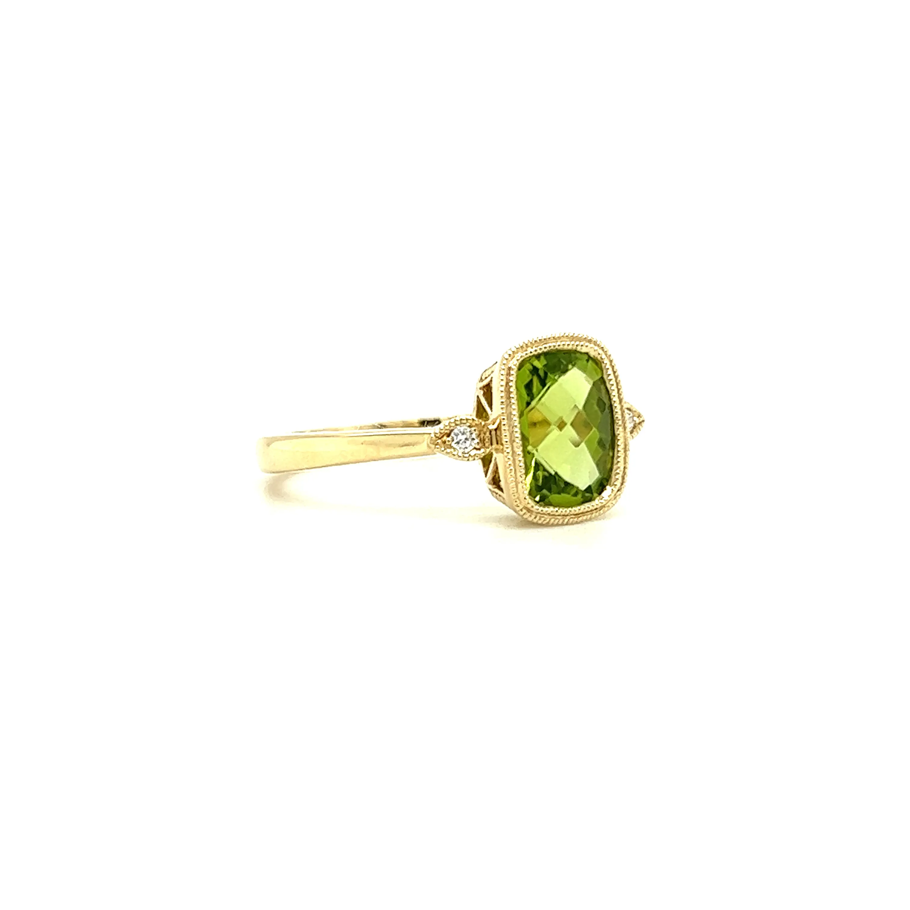 Cushion Peridot Ring with Two Side Diamonds in 14K Yellow Gold