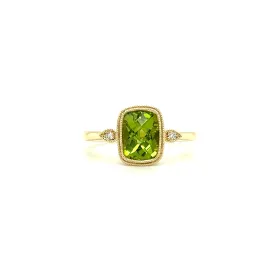 Cushion Peridot Ring with Two Side Diamonds in 14K Yellow Gold