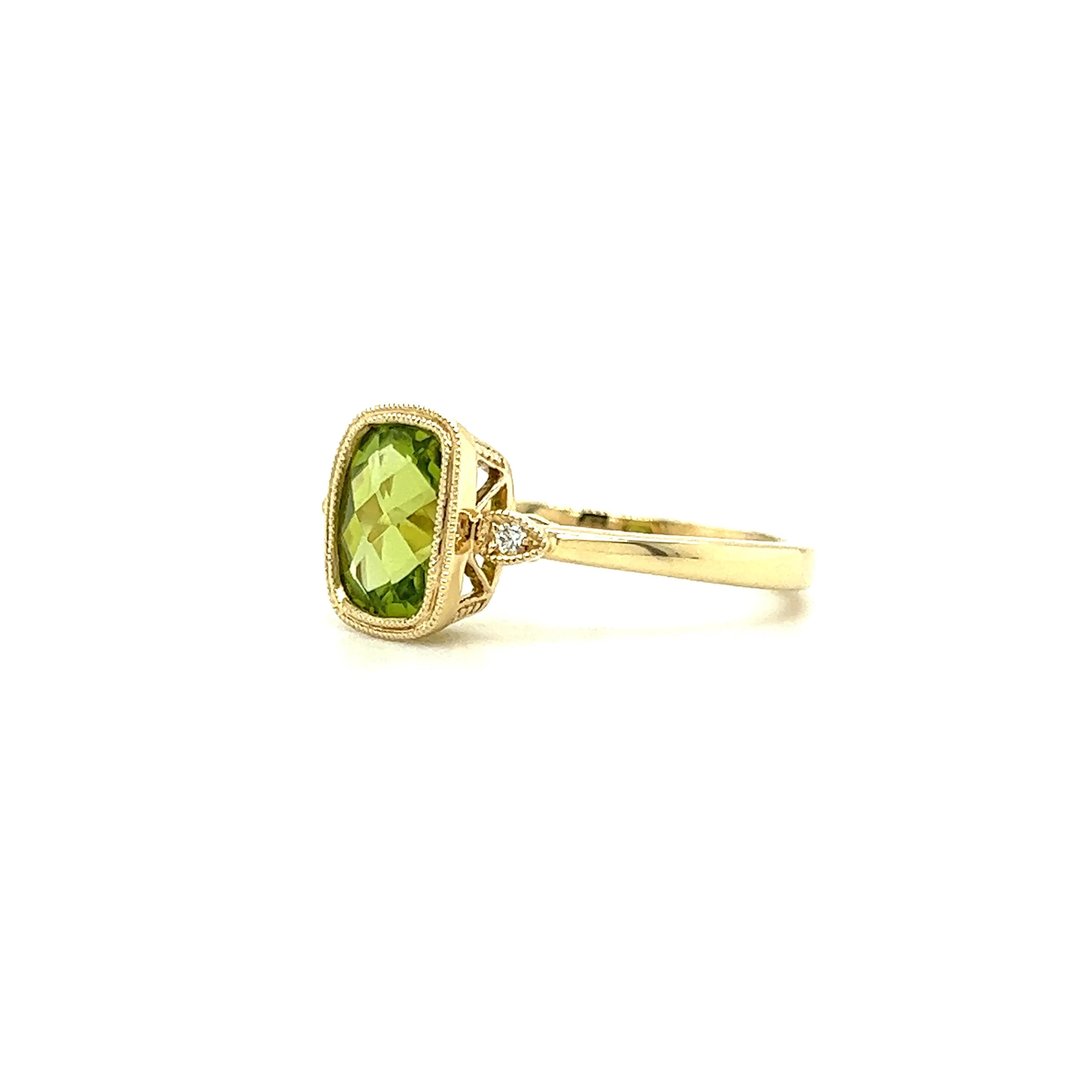 Cushion Peridot Ring with Two Side Diamonds in 14K Yellow Gold