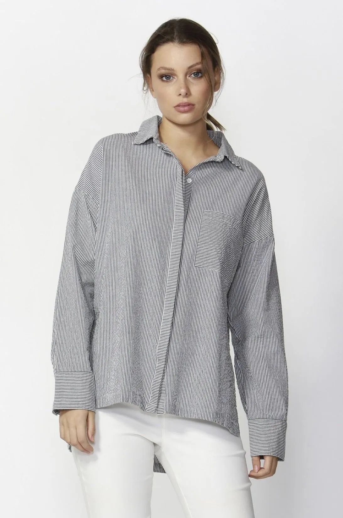 Fate   Becker Live-In Oversized Shirt in Grey White Stripe