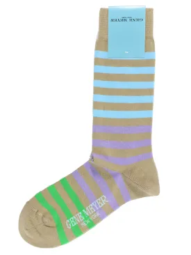 Gene Meyer Men Socks Taupe Sky Blue Lilac Stripes SALE