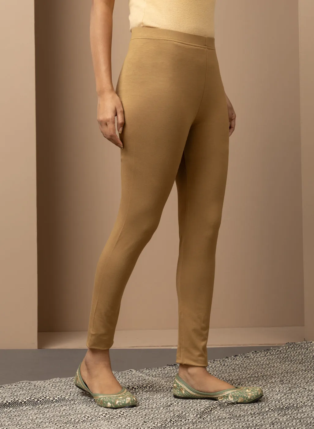 Gold Beige Ankle Length Plain Legging