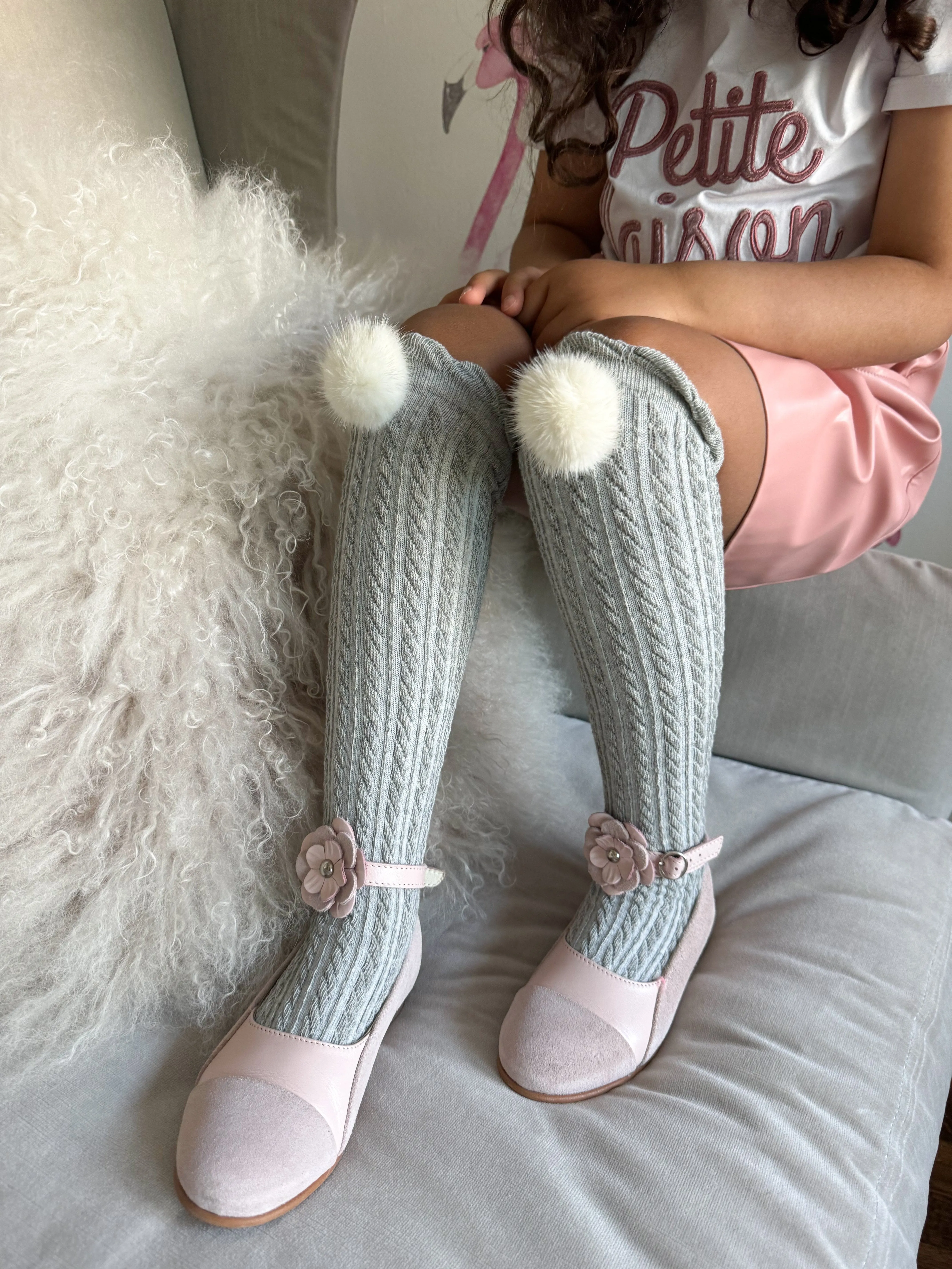 Grey Knee High Socks with Poms