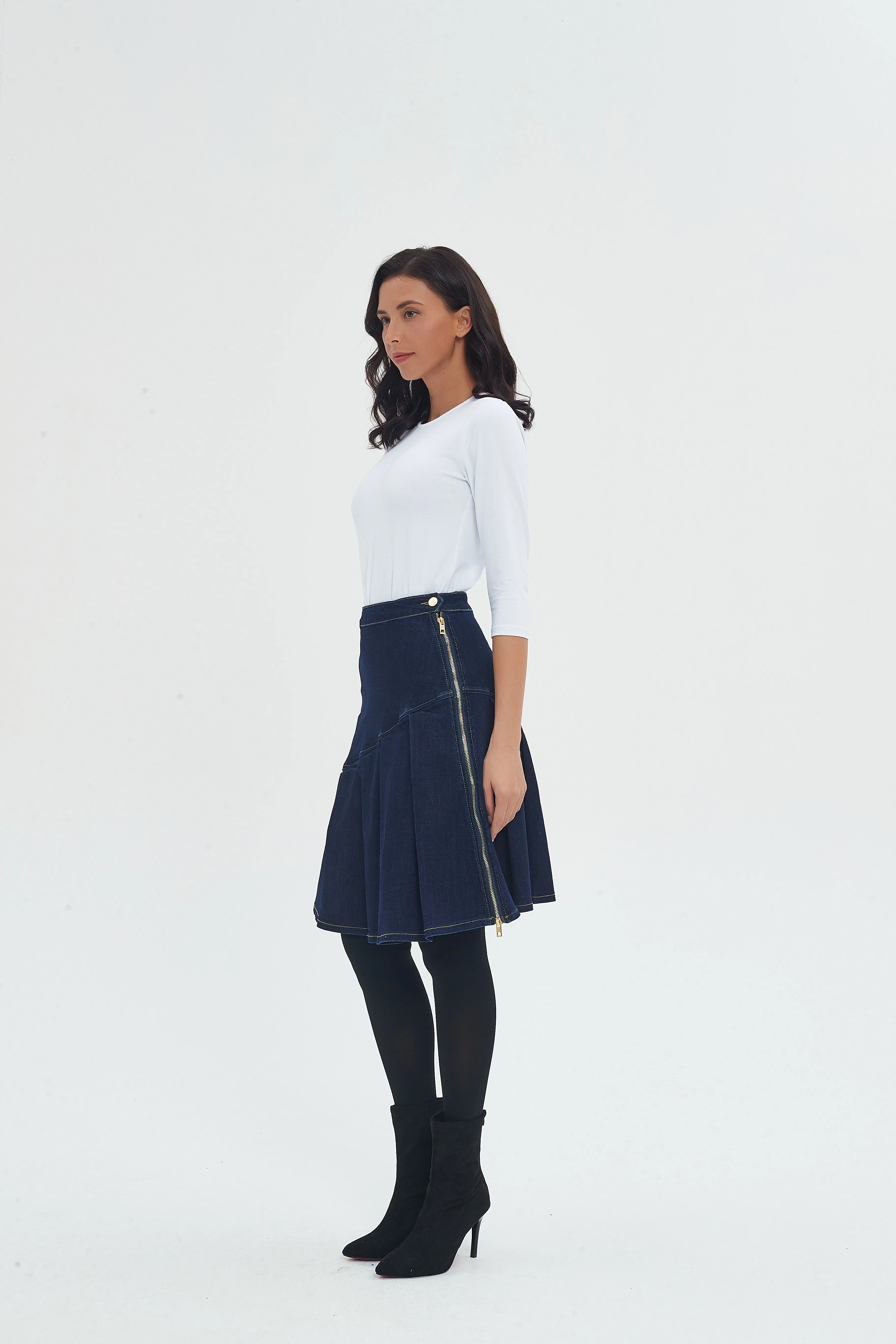 HALF PLEAT JEAN SKIRT byMM - DARK DENIM