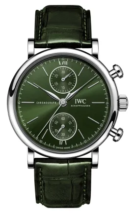 IWC Portofino Automatic Chronograph Stainless Steel Green Dial Green Leather Strap Mens Watch IW391405