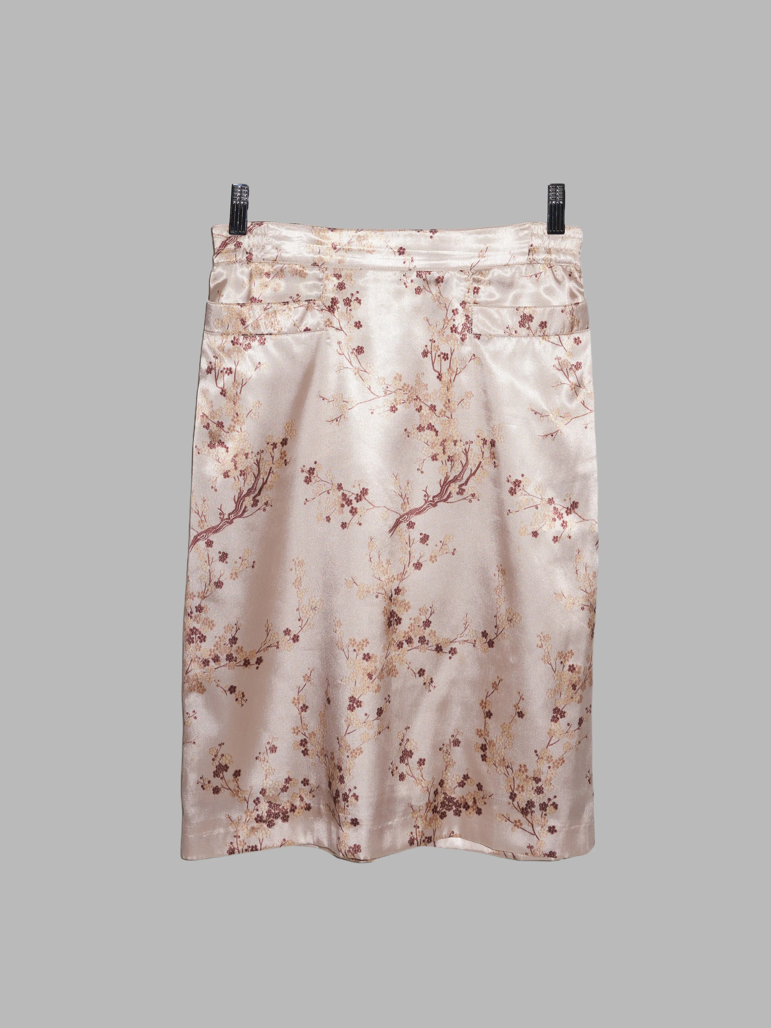 Jean Colonna AW1998 beige satin cherry blossom print sleeveless top skirt set