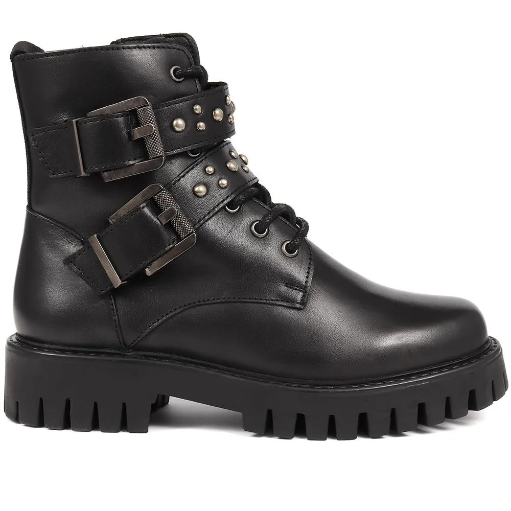 Leather Studded Biker Boots - MIRABELLE / 324 323