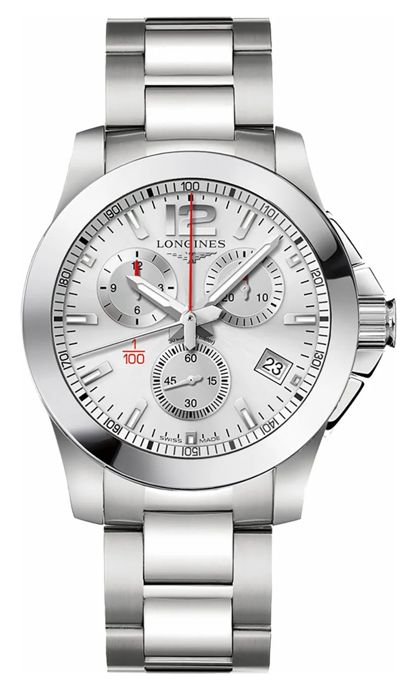 Longines Conquest Chronograph Stainless Steel Silver Dial Date Divers Quartz Mens Watch L3.700.4.76.6