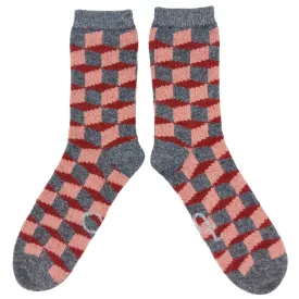 Men's Pink & Grey Cube Lambswool Ankle Socks