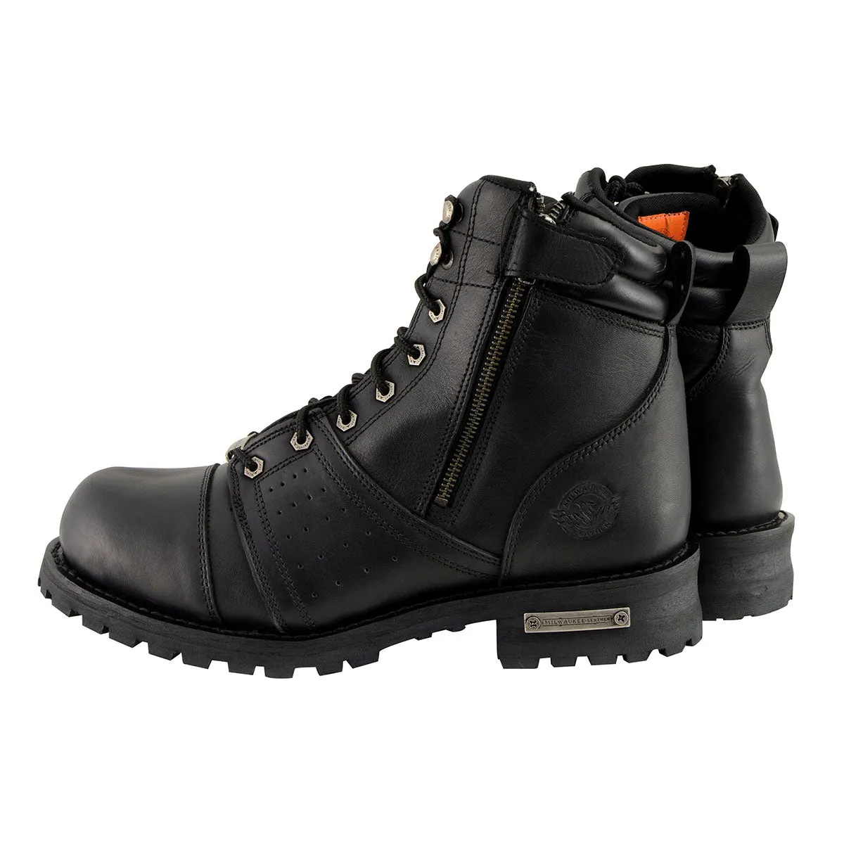 Milwaukee Leather MBM9000W Men's Black Lace-Up 'Wide-Width' Motorcycle Leather Boots with Side Zipper Entry