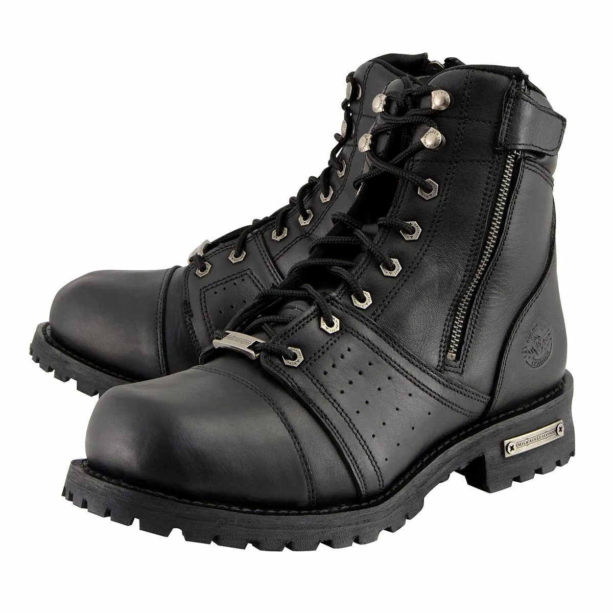 Milwaukee Leather MBM9000W Men's Black Lace-Up 'Wide-Width' Motorcycle Leather Boots with Side Zipper Entry