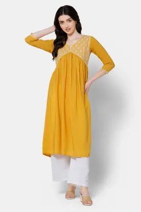 Mythri Women's Ethnic wear Kurthi with Elaborately Embroidered Front Yoke Design - Yellow - E071