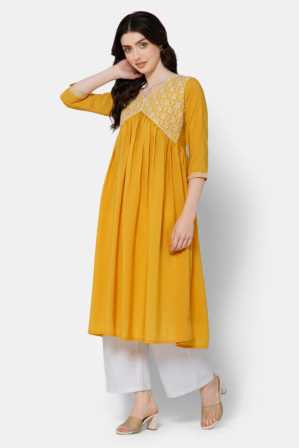 Mythri Women's Ethnic wear Kurthi with Elaborately Embroidered Front Yoke Design - Yellow - E071