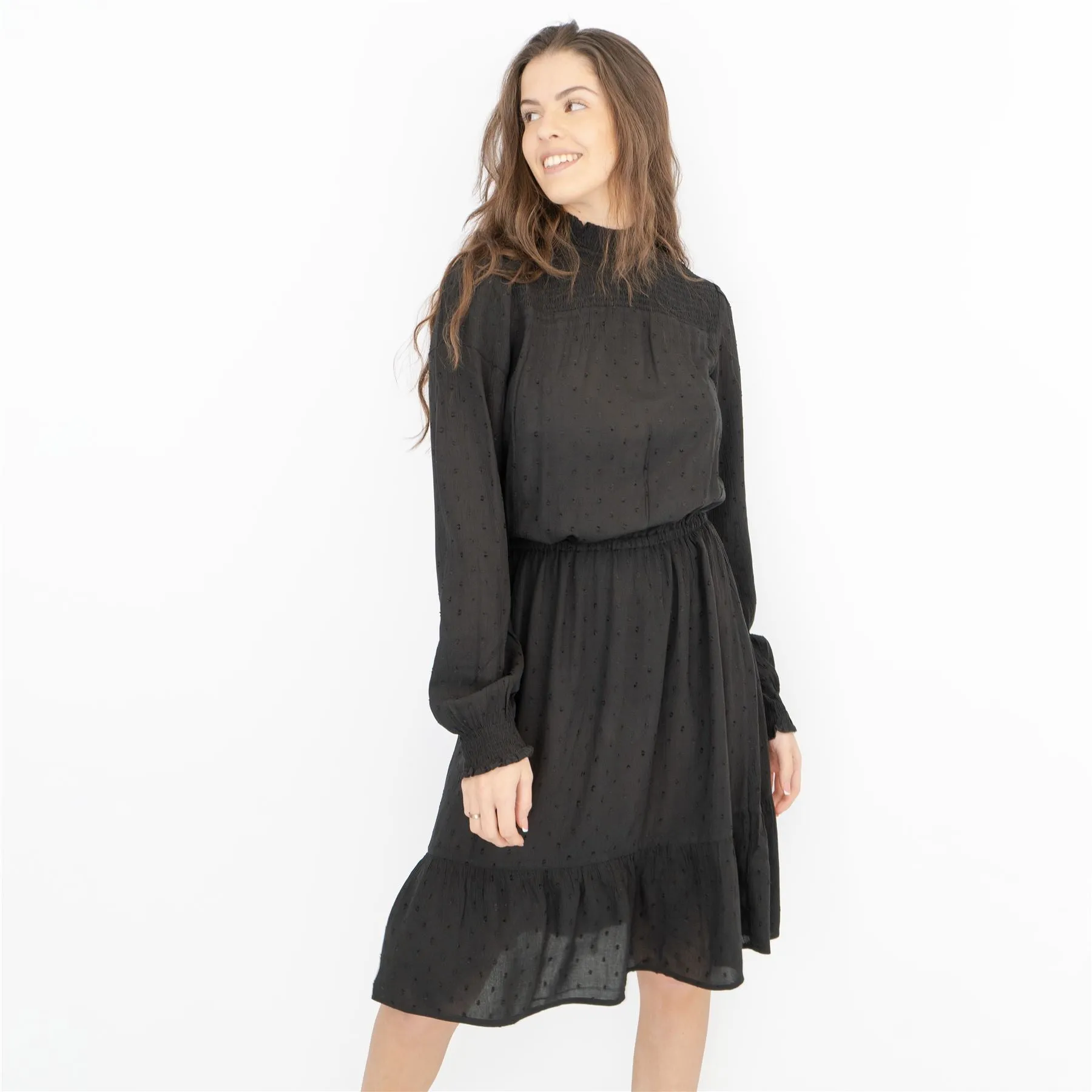 Next Black Long Sleeve High Neck Lightweight Knee Length Dress