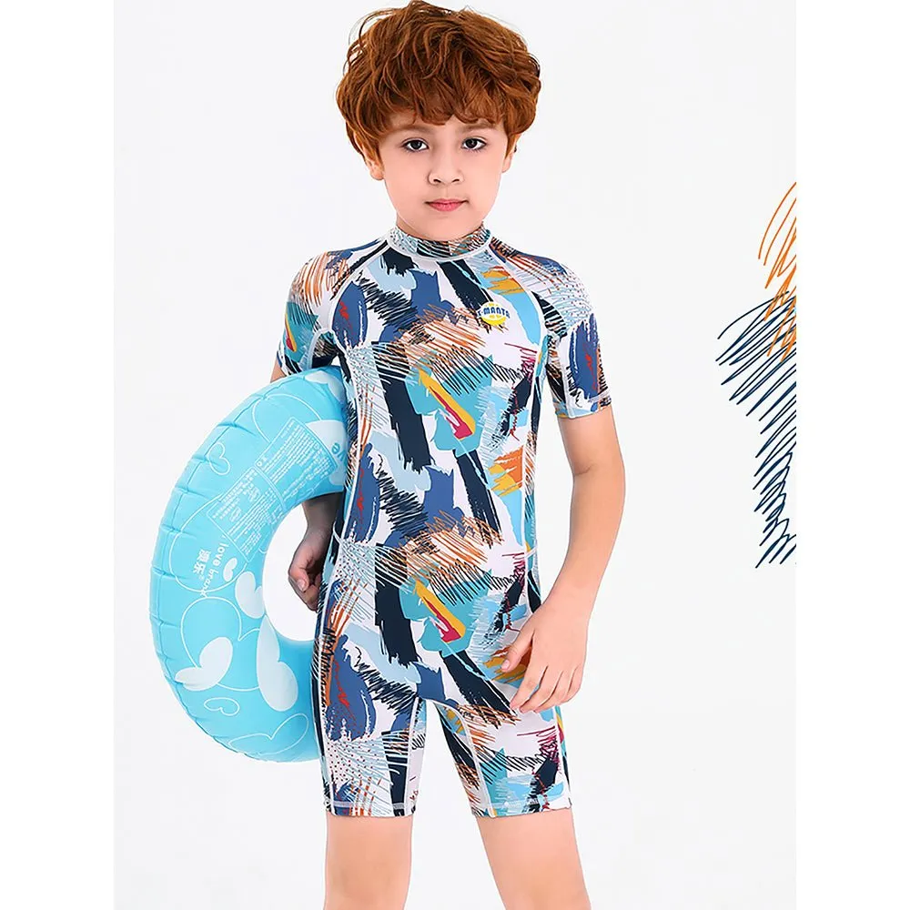 One piece Knee Length Kids Swimwear Geometric print, UPF 50  with Cap