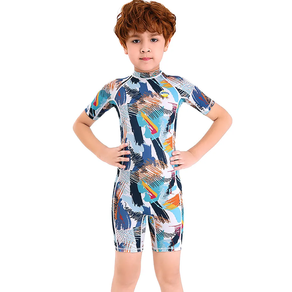 One piece Knee Length Kids Swimwear Geometric print, UPF 50  with Cap