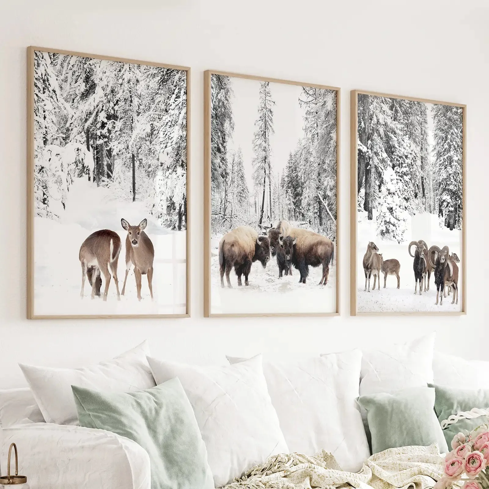 Winter Animals Wall Art Set of 3. Buffalo, Deer, Goat