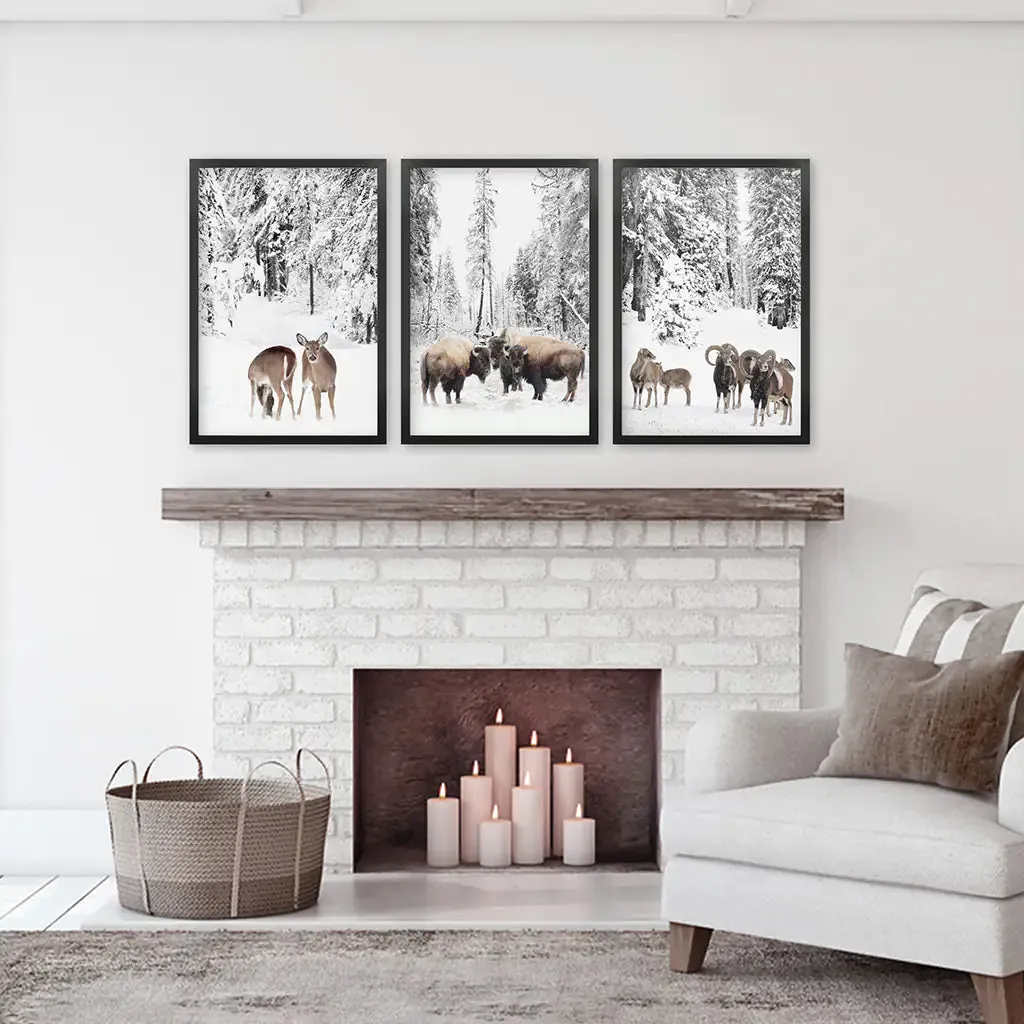 Winter Animals Wall Art Set of 3. Buffalo, Deer, Goat