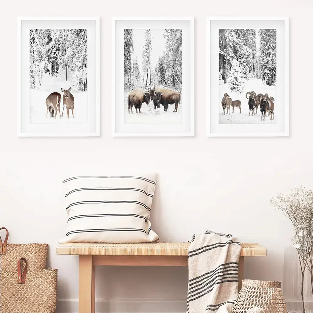 Winter Animals Wall Art Set of 3. Buffalo, Deer, Goat