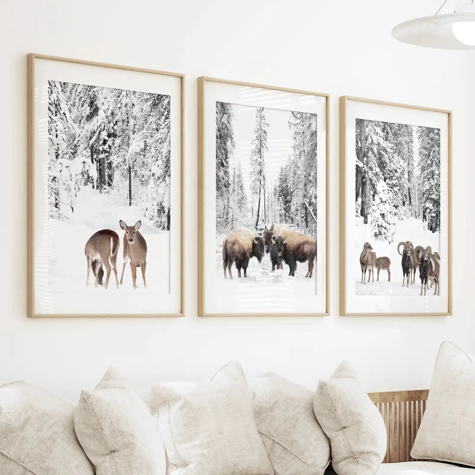 Winter Animals Wall Art Set of 3. Buffalo, Deer, Goat