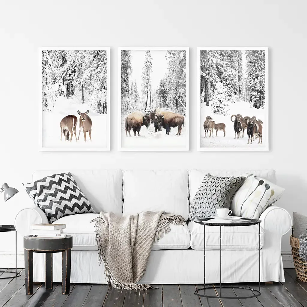 Winter Animals Wall Art Set of 3. Buffalo, Deer, Goat