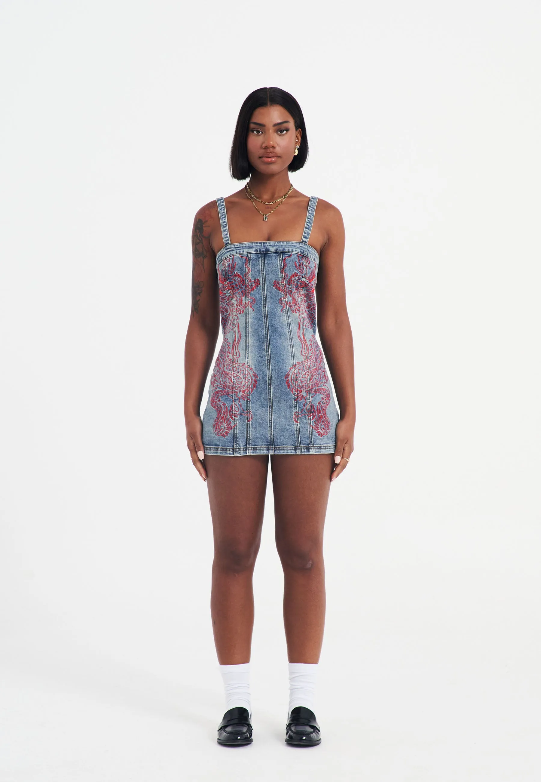 Womens Dragon Flame Denim Mini Dress - Mid Blue